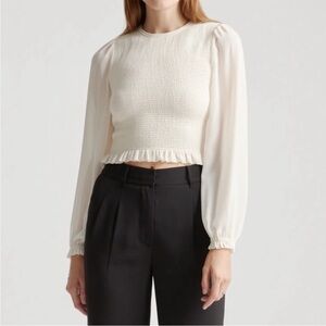 Quince Chiffon Cropped Smocked Blouse Medium Ivory